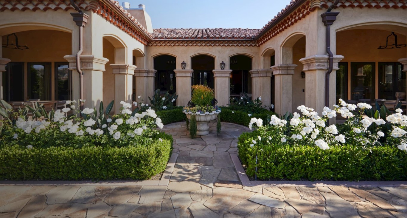View of the entrance courtyard at a Newport location in California.