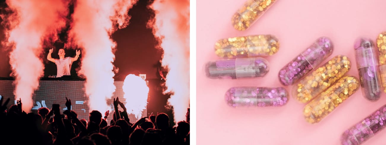 Split image illustrating common types of party drugs, left showing a DJ above a crowd with pyrotechnics and smoke between them, and on the right a set of fake pills containing glitter. 