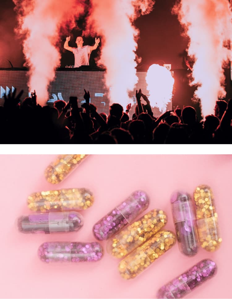 Split image, illustrating common types of party drugs, top showing a DJ above a crowd with pyrotechnics and smoke between them, and on the bottom a set of fake pills containing glitter.